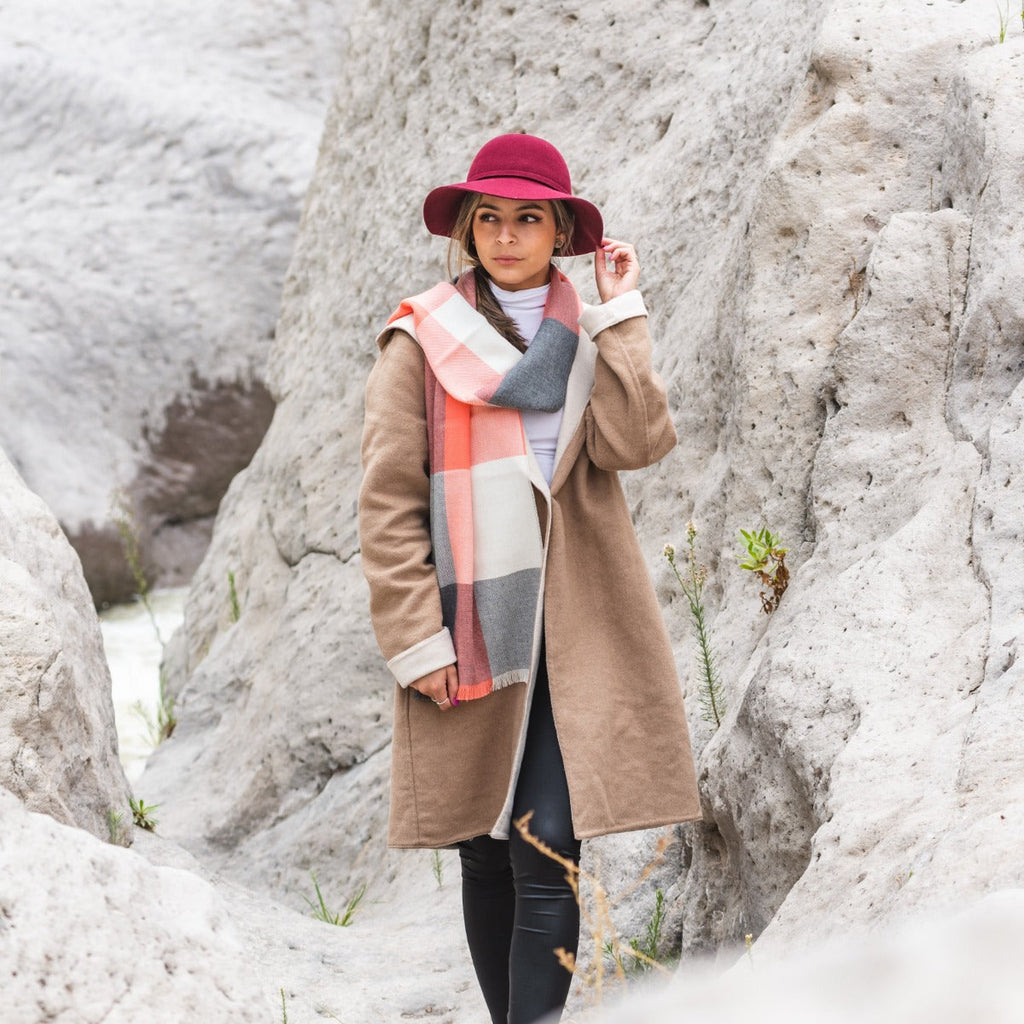 Alpaca Scarf - Baby Alpaca Fiber, Woven Scarf, Bright Peach Colors (JUL205)
