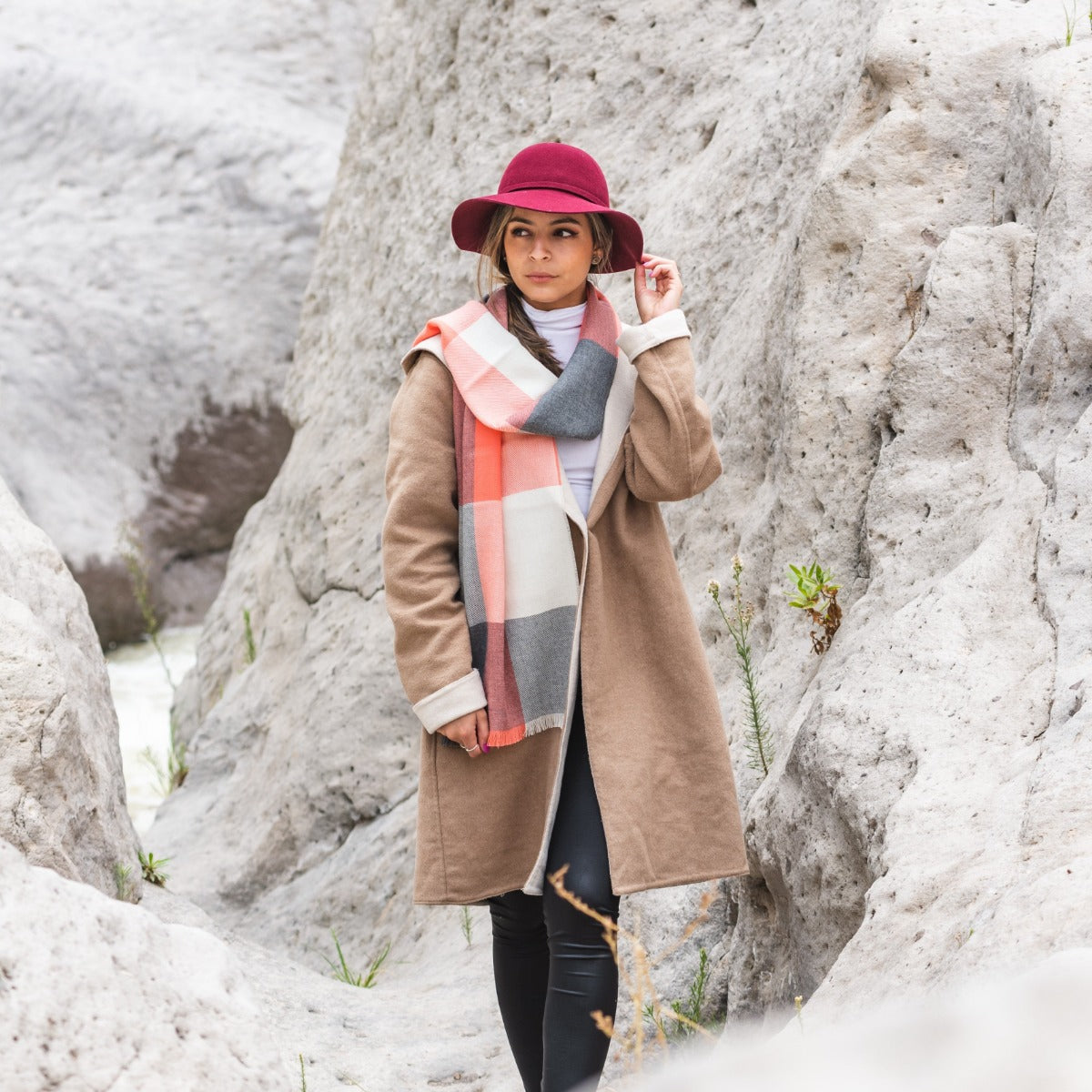 Alpaca Scarf - Baby Alpaca Fiber, Woven Scarf, Bright Peach Colors (JUL205)