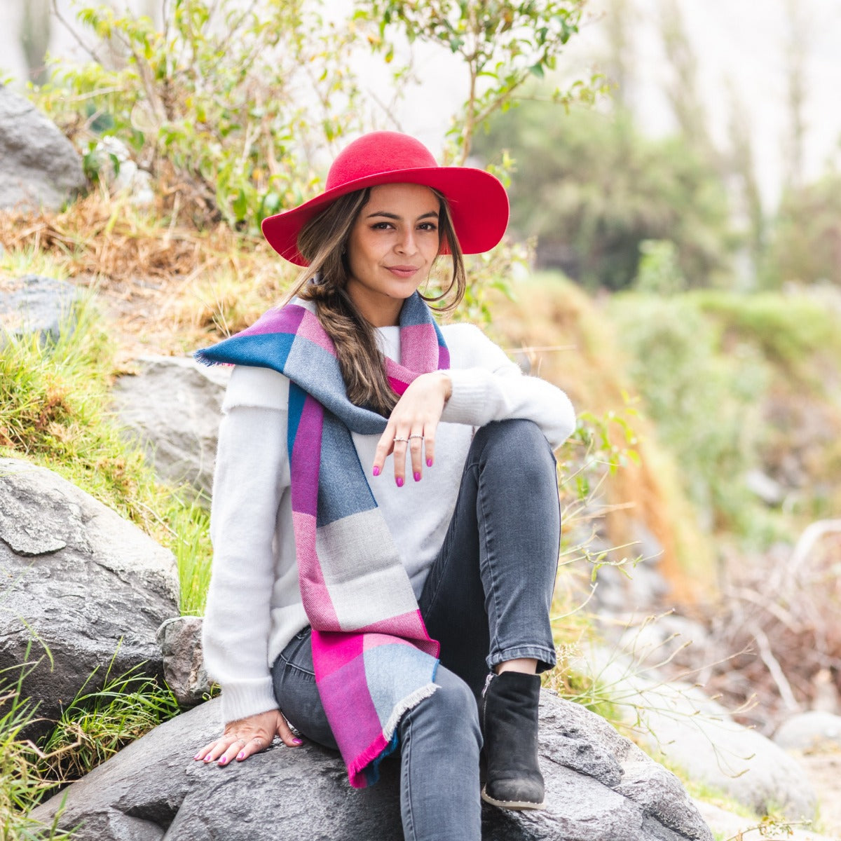 Alpaca Scarf - Baby Alpaca Fiber, Woven Scarf, Bright Pink Colors (JUL203)