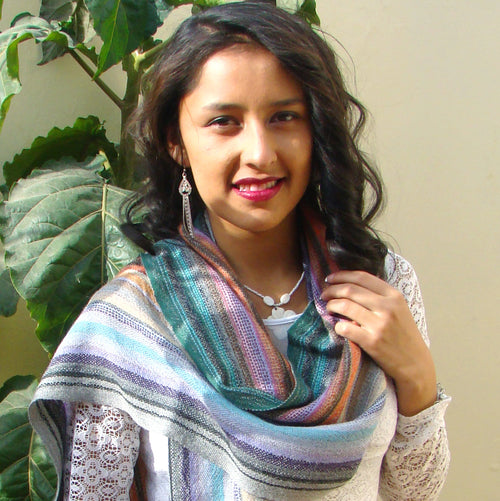 Alpaca Scarf - Baby Alpaca Fleece, Handwoven Scarf Multicolor Stripe (JUL193)