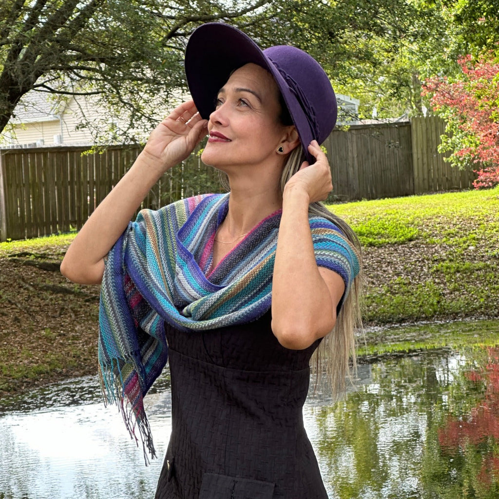 Baby Alpaca Fleece, Handwoven Scarf Multicolor Green Stripe (JUL208)