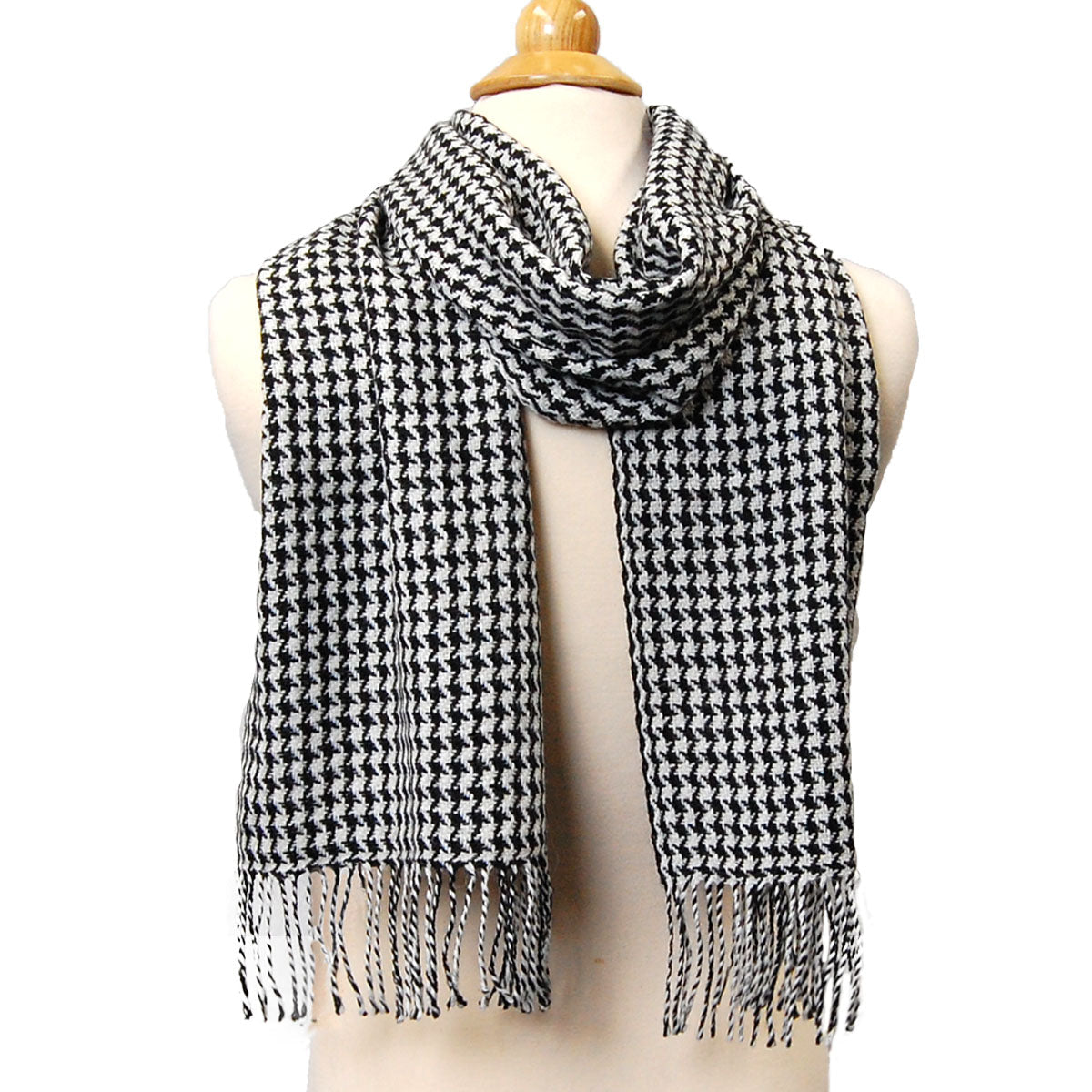 Alpaca Scarf - Baby Alpaca Fleece, Handwoven Scarf Black & White Hounds Tooth Pattern (JUL134)