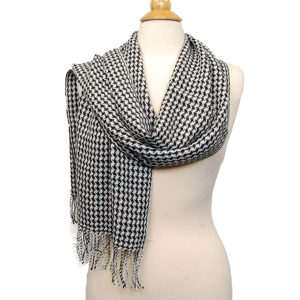 Alpaca Scarf - Baby Alpaca Fleece, Handwoven Scarf Black & White Hounds Tooth Pattern (JUL134)