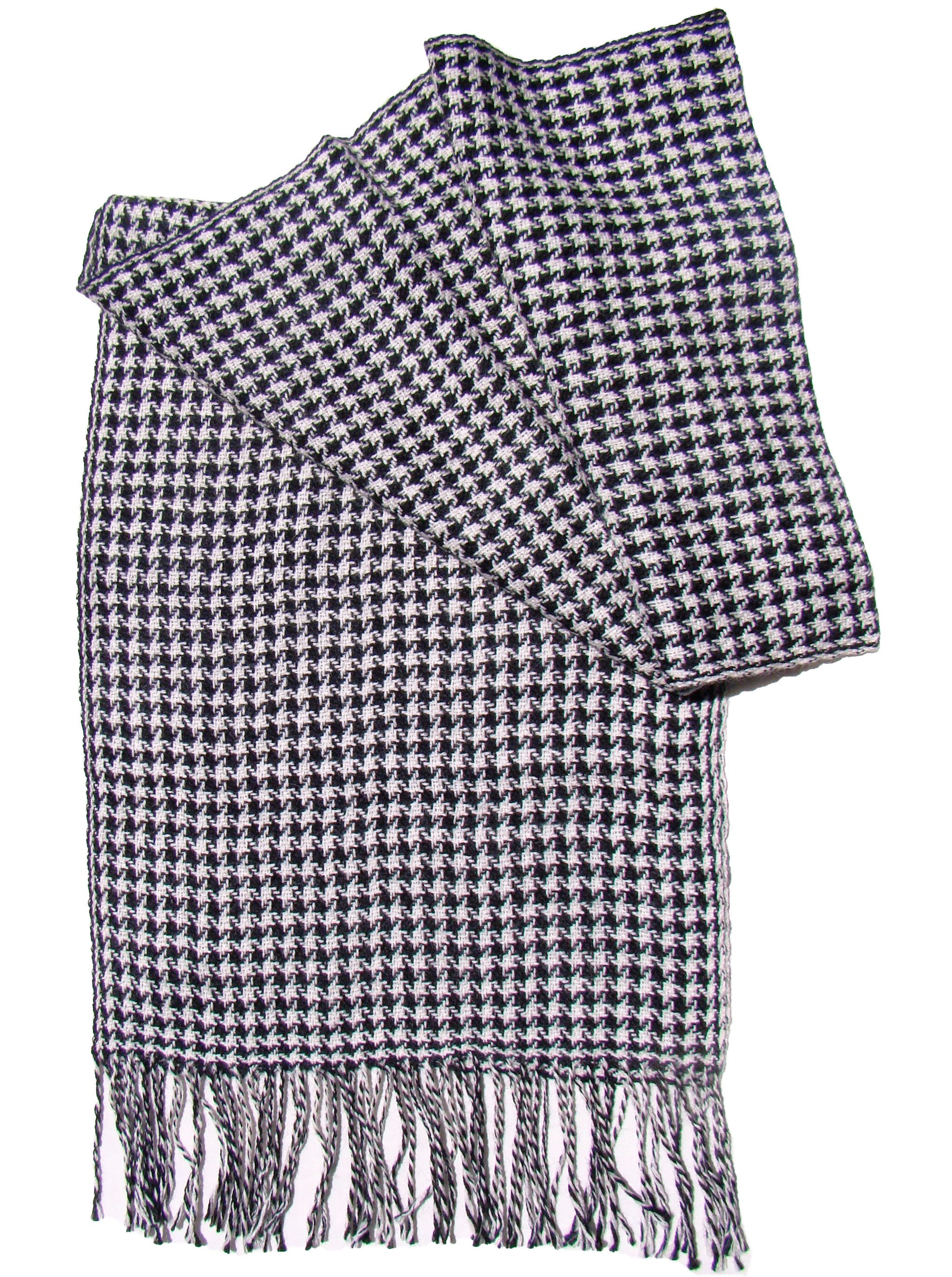 Alpaca Scarf - Baby Alpaca Fleece, Handwoven Scarf Black & White Hounds Tooth Pattern (JUL134)