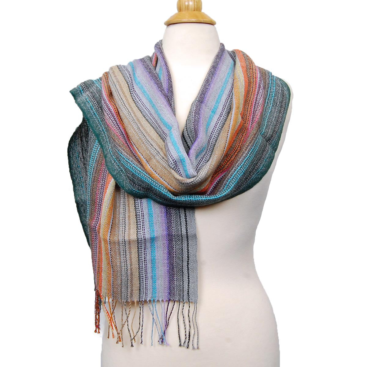Alpaca Scarf - Baby Alpaca Fleece, Handwoven Scarf Multicolor Stripe (JUL193)