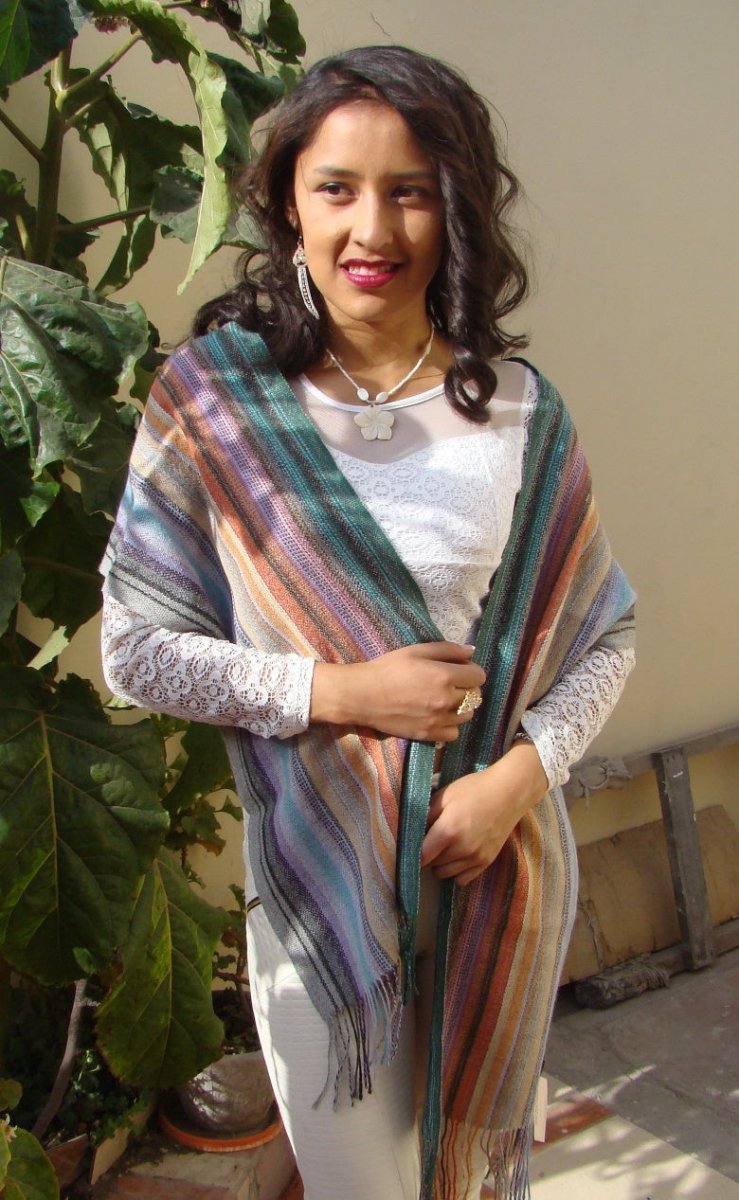 Alpaca Scarf - Baby Alpaca Fleece, Handwoven Scarf Multicolor Stripe (JUL193)