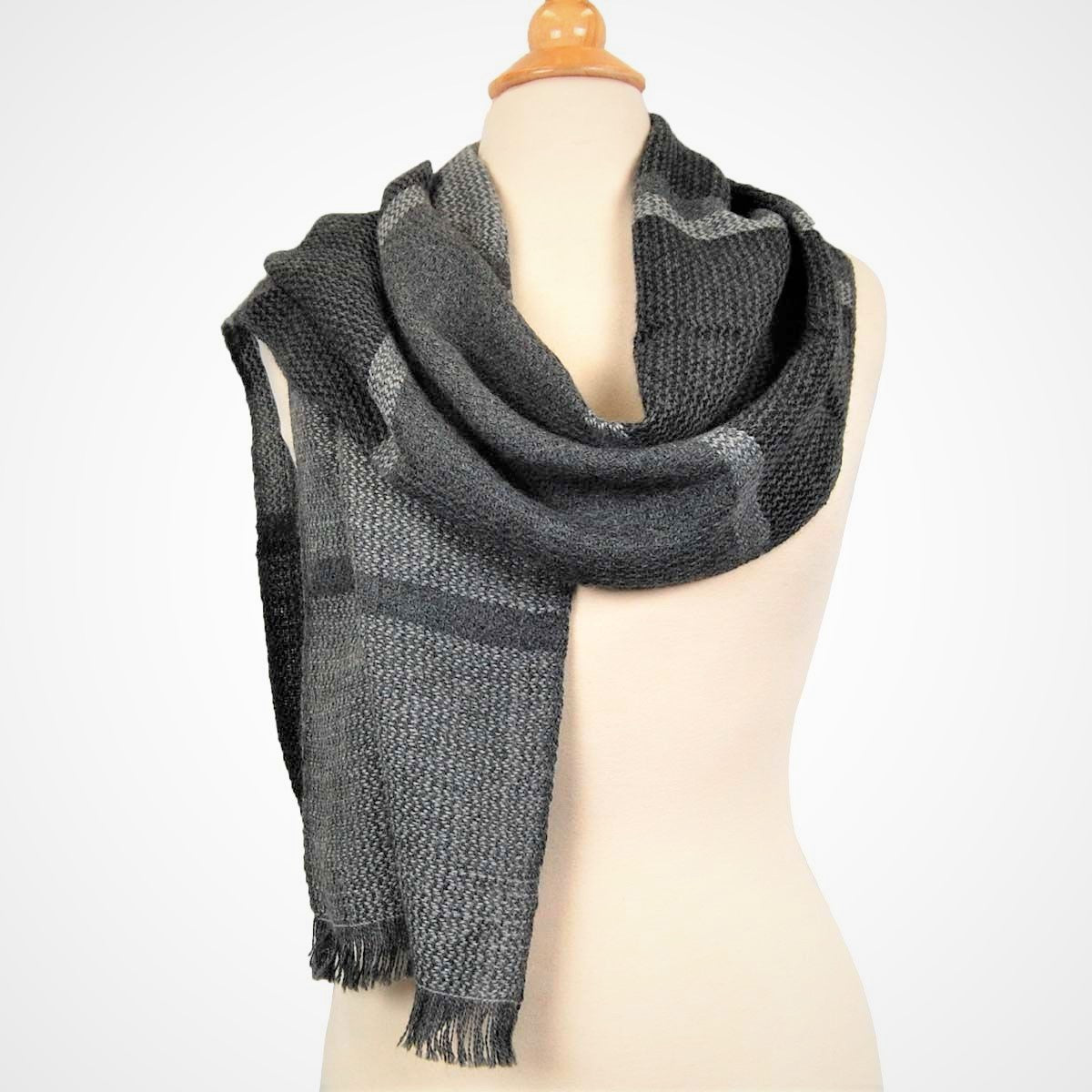 Alpaca Scarf - Baby Alpaca Fleece Handwoven Scarf Tones of Gray (JUL196)