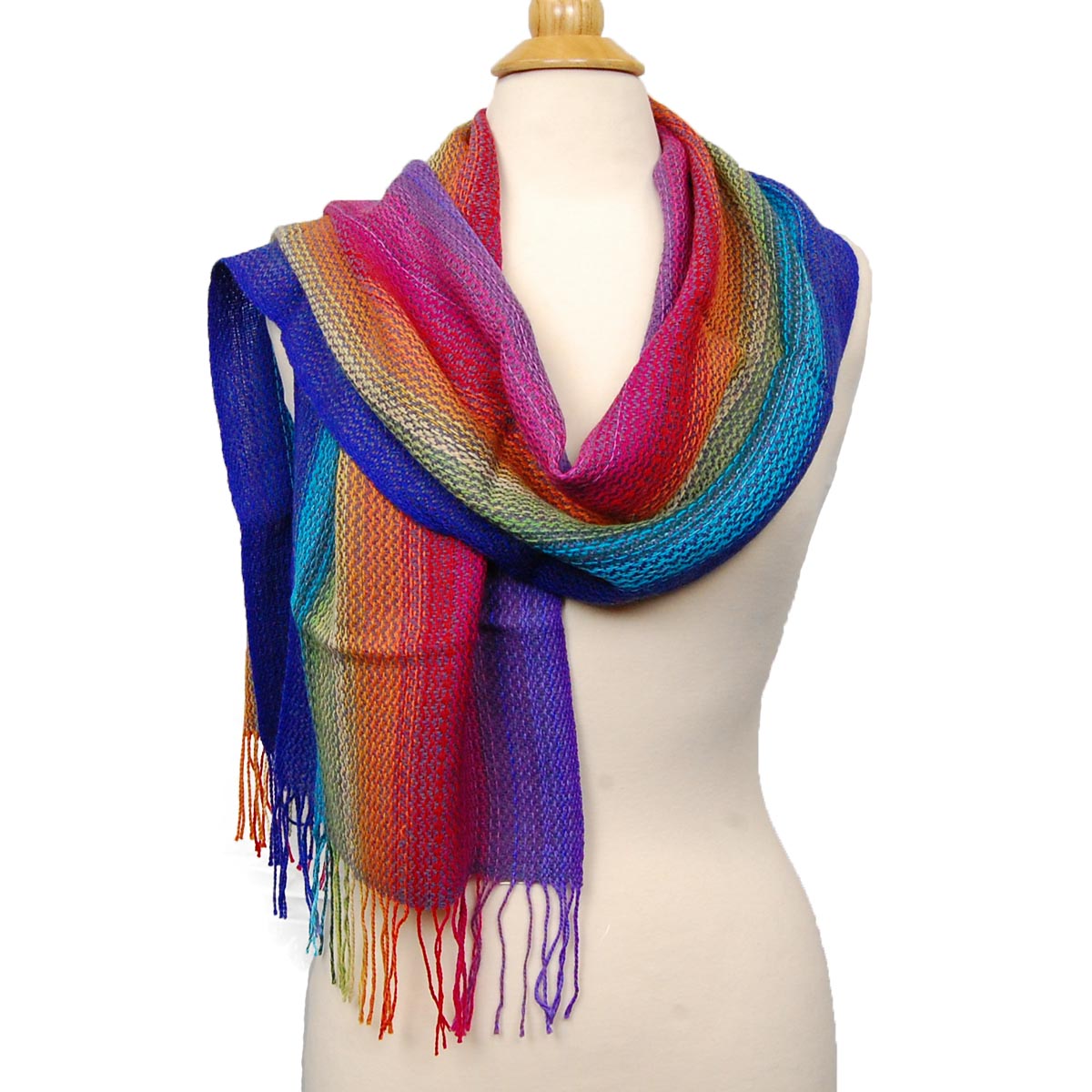Alpaca Scarf - Baby Alpaca Fleece, Handwoven Scarf Bright Rainbow Colors (JUL199)
