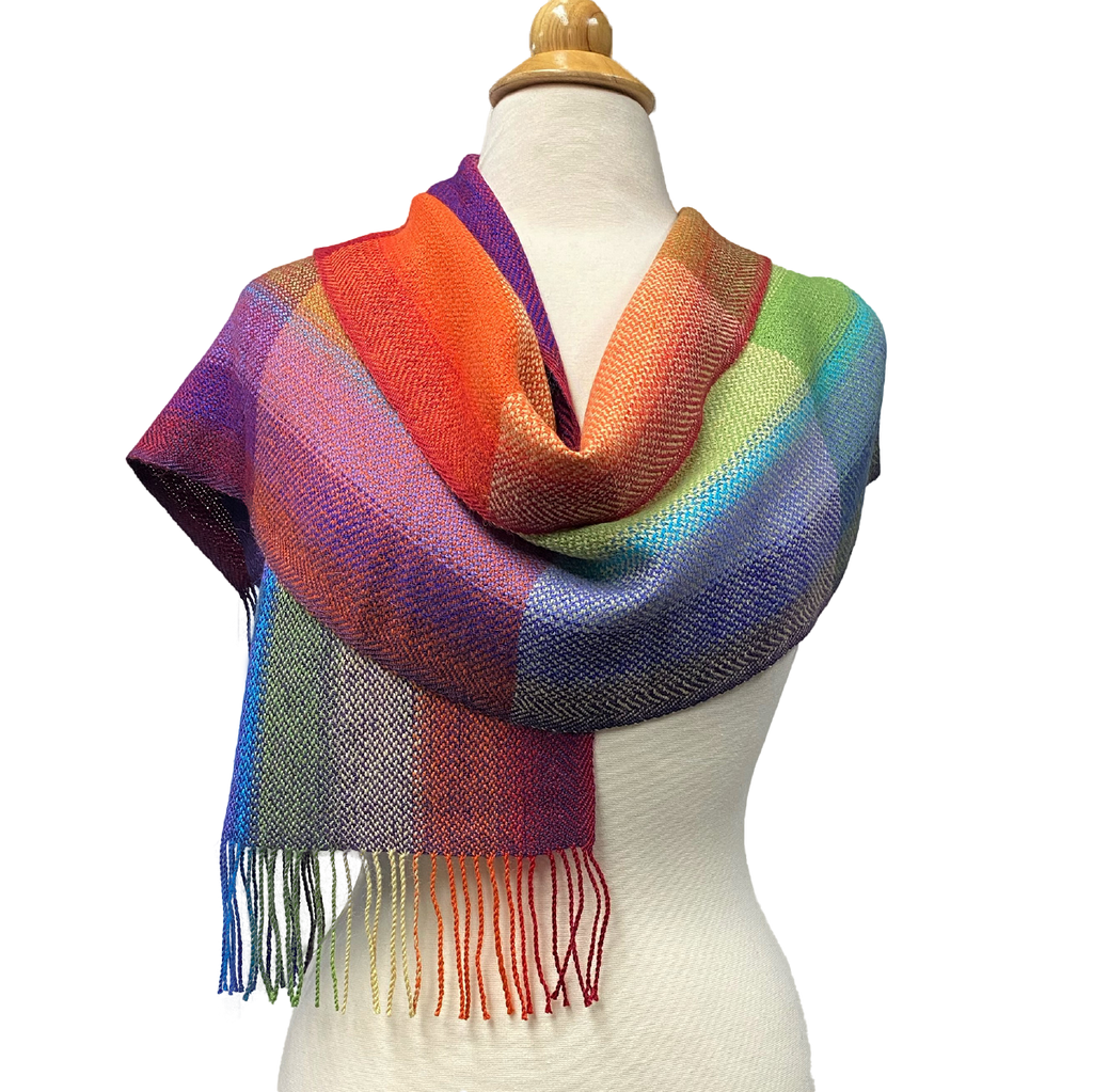 100% Baby Alpaca, Multi-Color Rainbow, Plaids, Handwoven Scarf (JUL207)