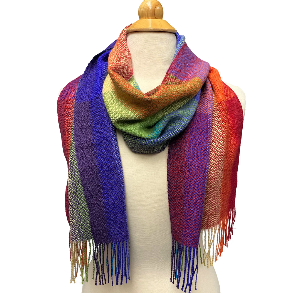 100% Baby Alpaca, Multi-Color Rainbow, Plaids, Handwoven Scarf (JUL207)