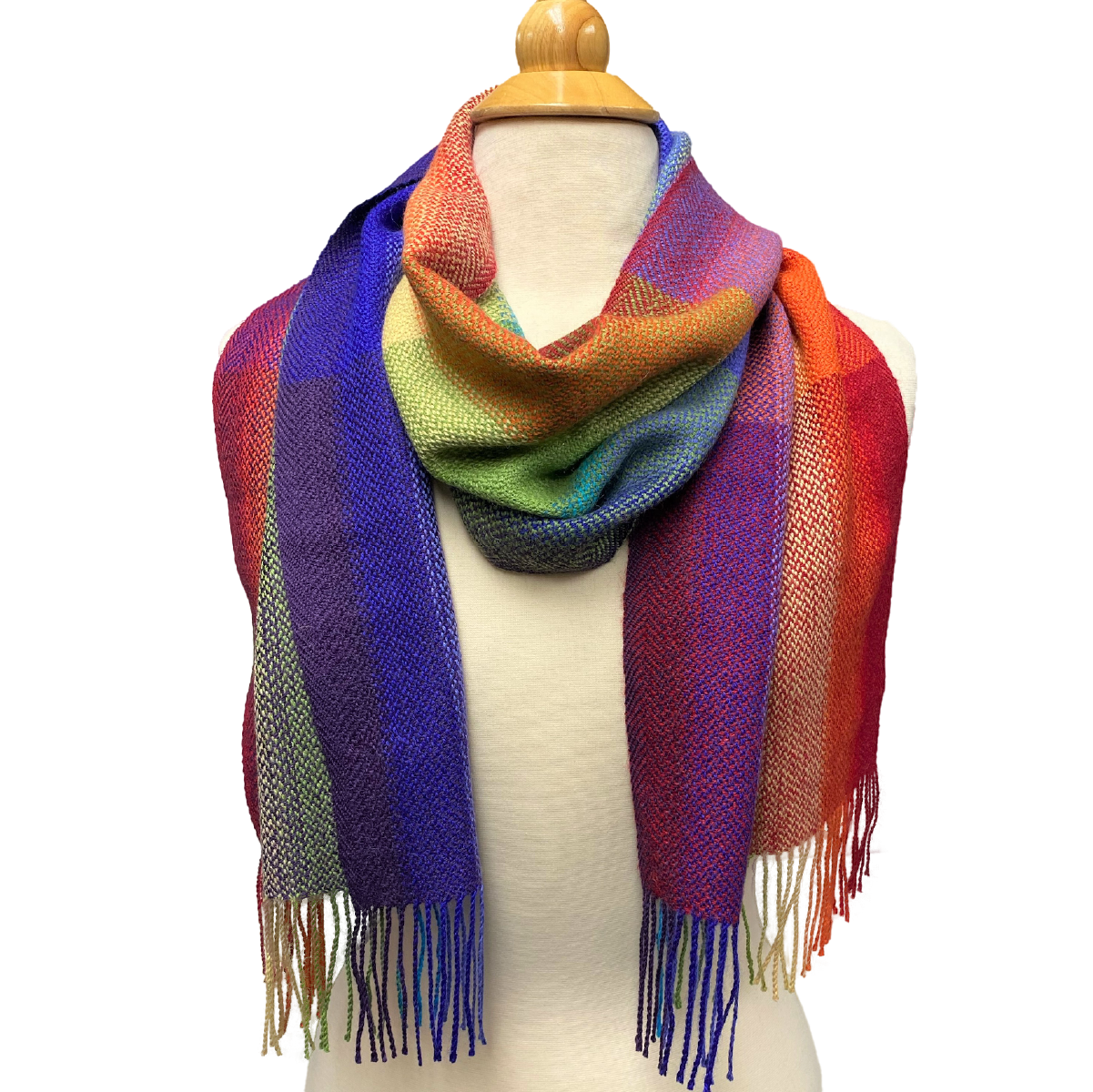 100% Baby Alpaca, Multi-Color Rainbow, Plaids, Handwoven Scarf (JUL207)