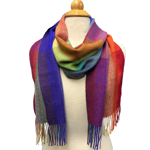 100% Baby Alpaca, Multi-Color Rainbow, Plaids, Handwoven Scarf (JUL207)