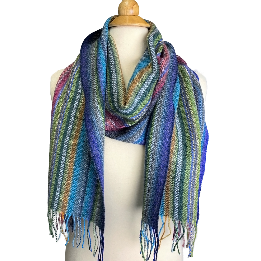 Baby Alpaca Fleece, Handwoven Scarf Multicolor Green Stripe (JUL208)