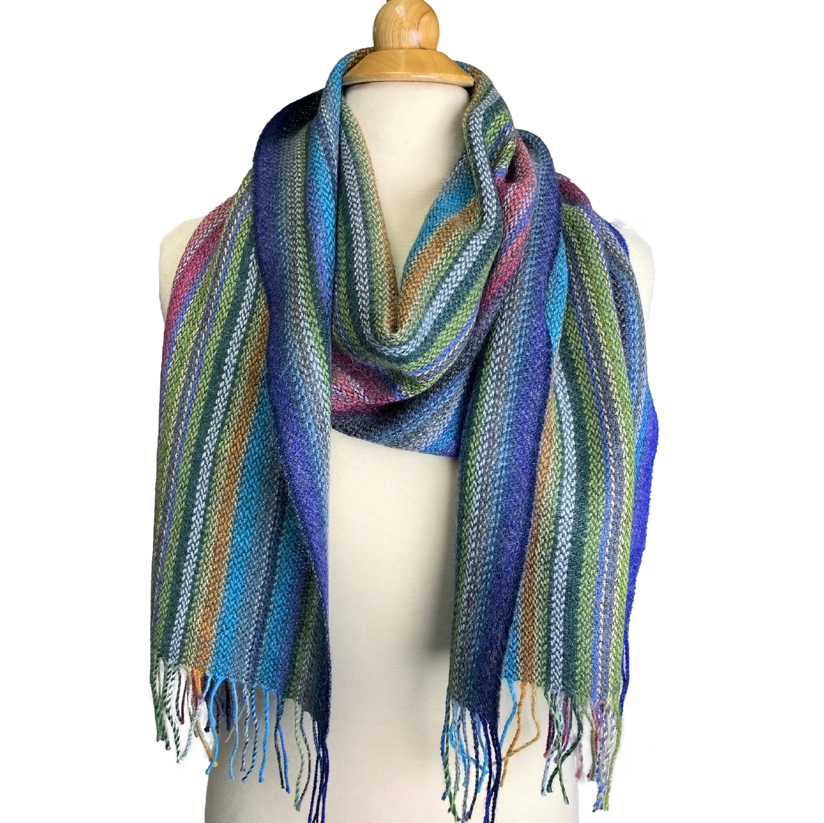 Baby Alpaca Fleece, Handwoven Scarf Multicolor Green Stripe (JUL208)