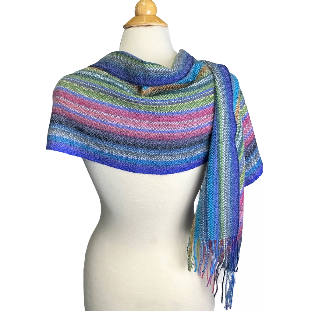 Baby Alpaca Fleece, Handwoven Scarf Multicolor Green Stripe (JUL208)