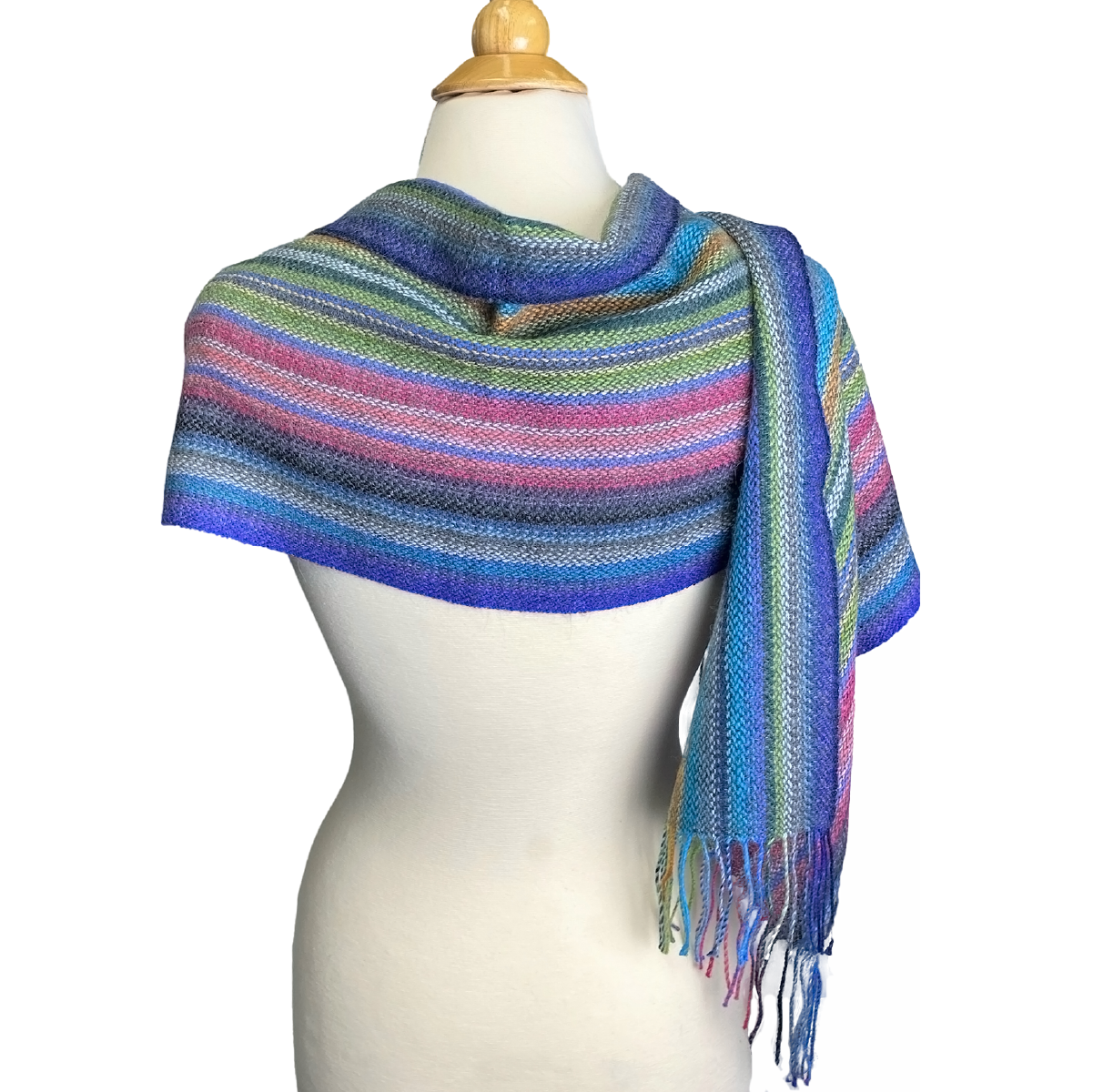 Baby Alpaca Fleece, Handwoven Scarf Multicolor Green Stripe (JUL208)