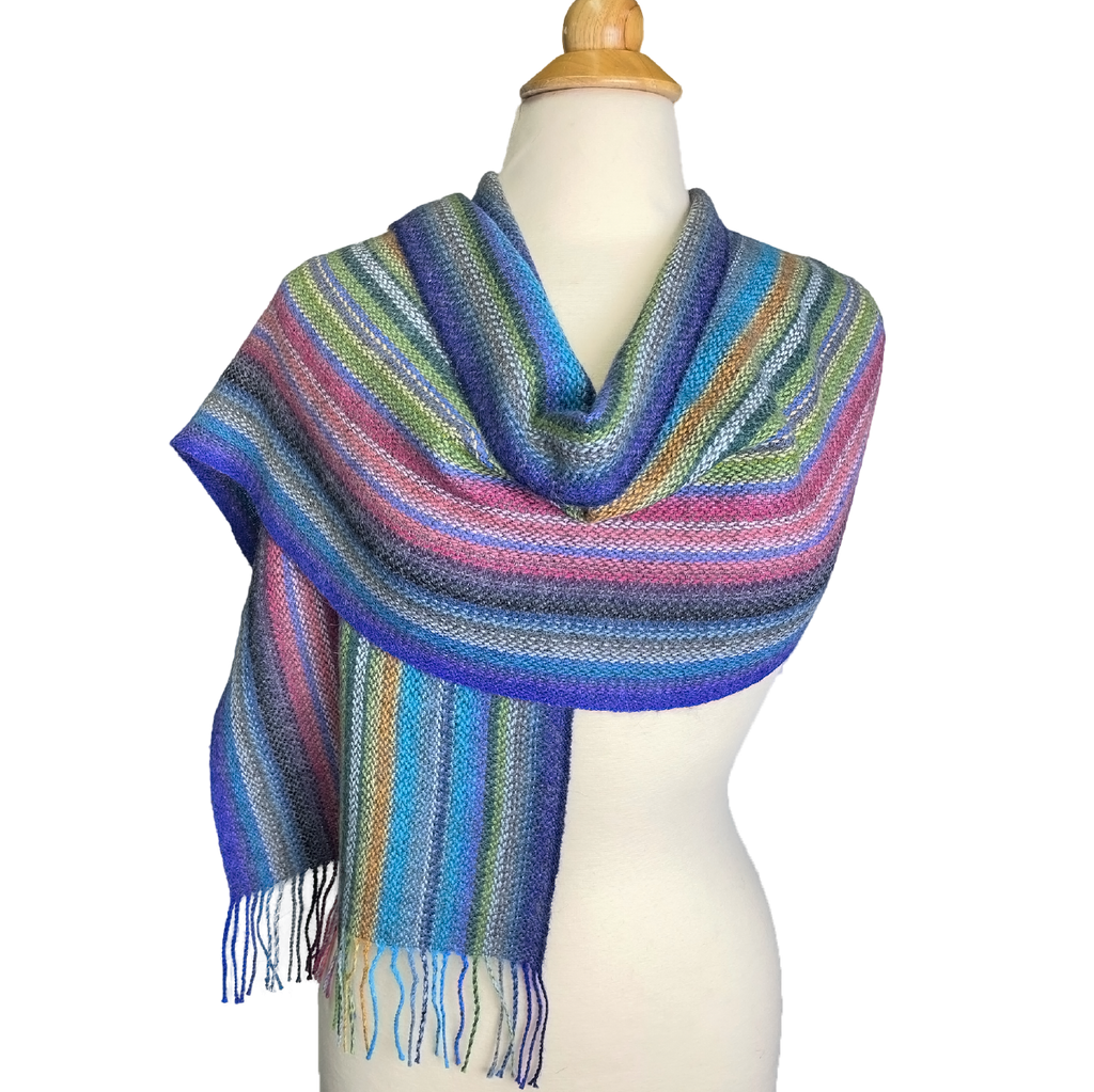 Baby Alpaca Fleece, Handwoven Scarf Multicolor Green Stripe (JUL208)