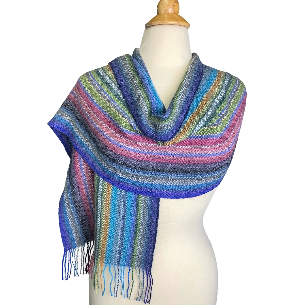 Baby Alpaca Fleece, Handwoven Scarf Multicolor Green Stripe (JUL208)