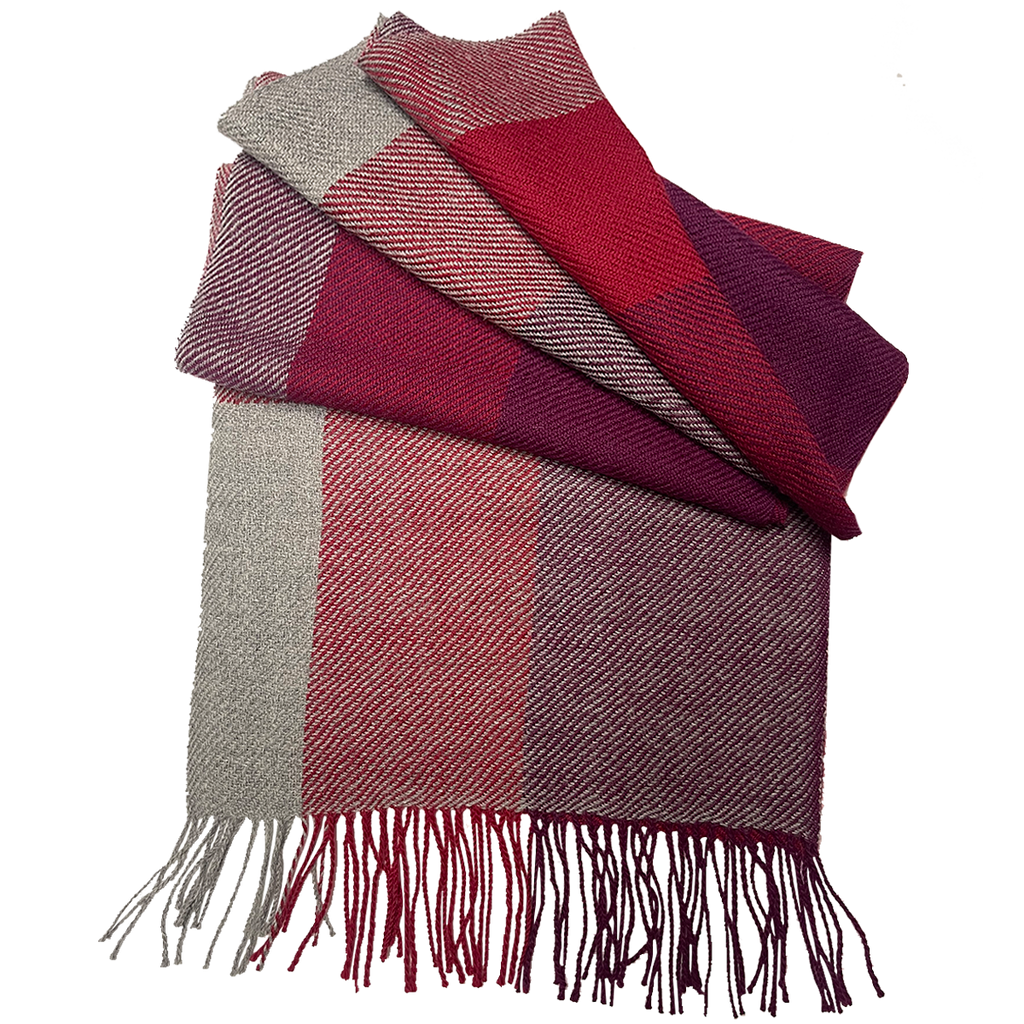 100% Baby Alpaca, Burgundy and Gray Plaid Scarf (JUL218)
