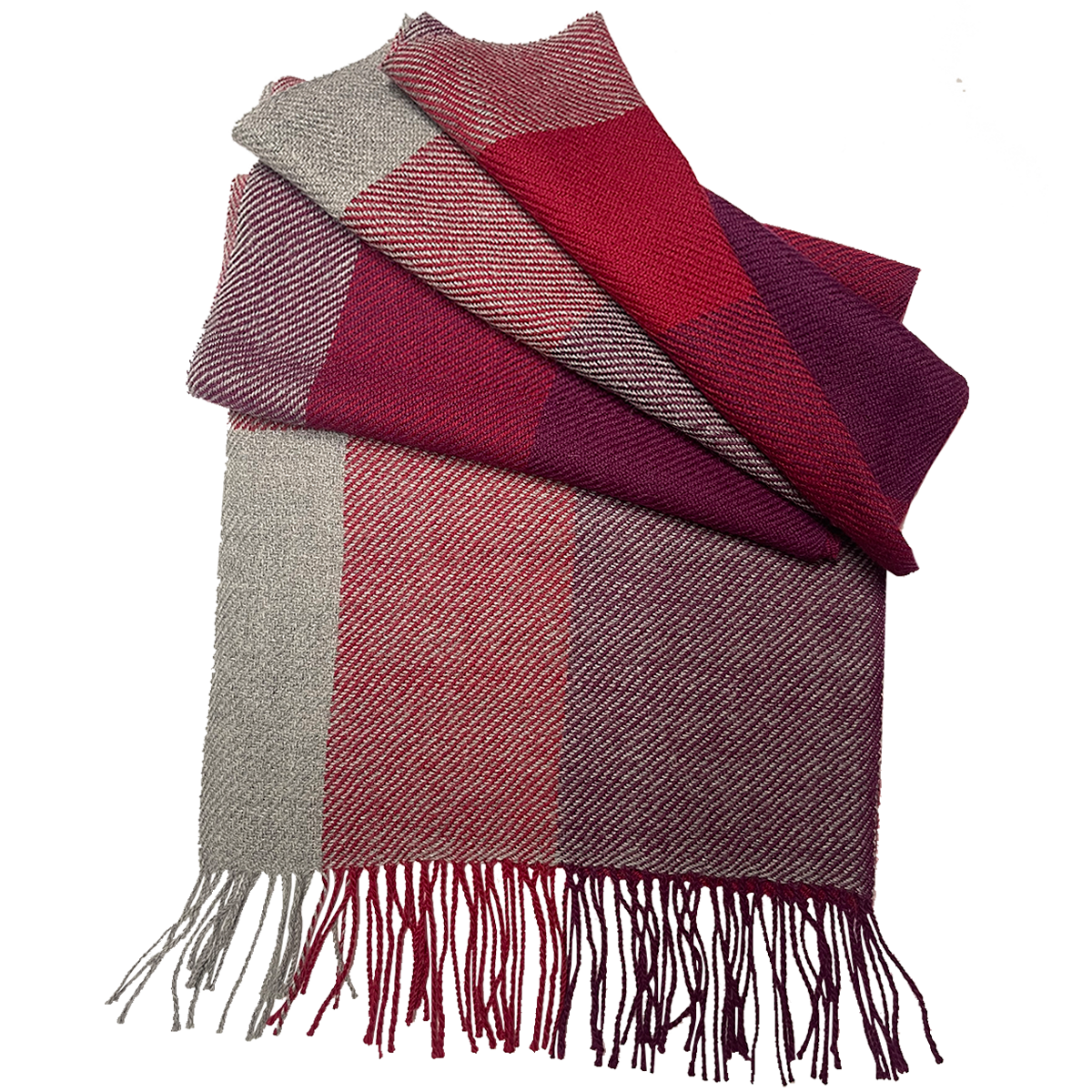100% Baby Alpaca, Burgundy and Gray Plaid Scarf (JUL218)