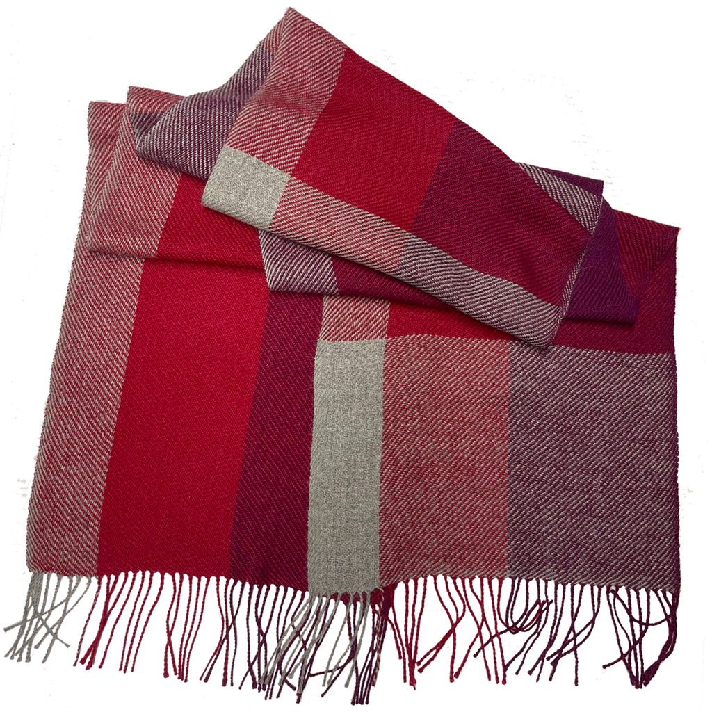 100% Baby Alpaca, Burgundy and Gray Plaid Scarf (JUL218)