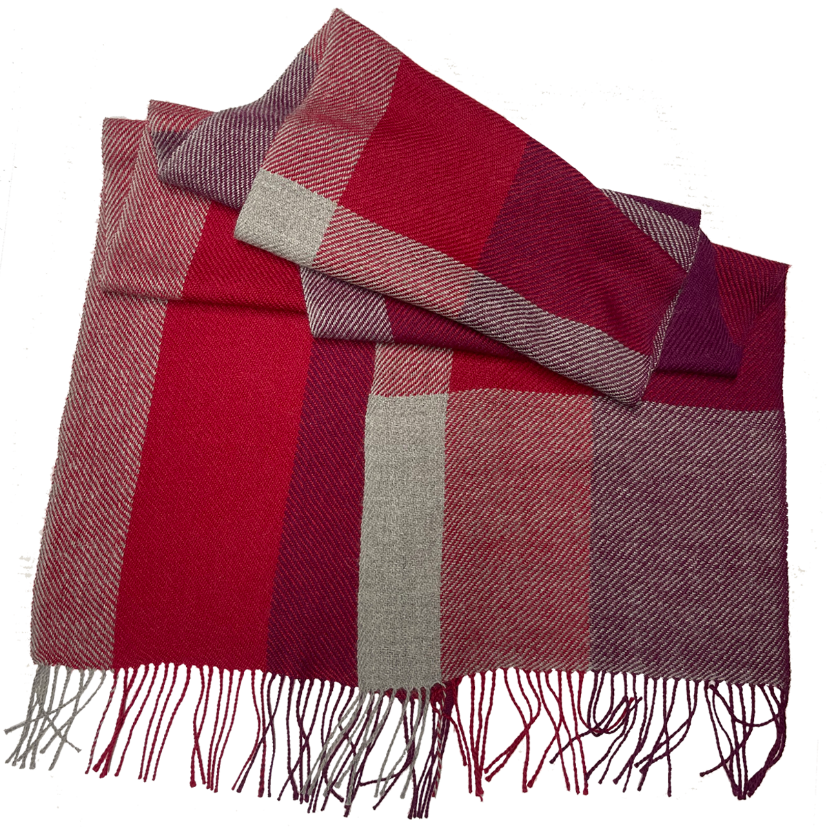 100% Baby Alpaca, Burgundy and Gray Plaid Scarf (JUL218)