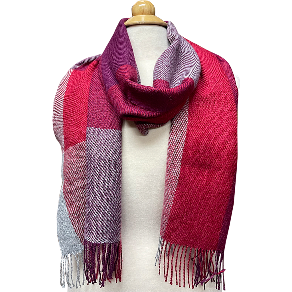 100% Baby Alpaca, Burgundy and Gray Plaid Scarf (JUL218)