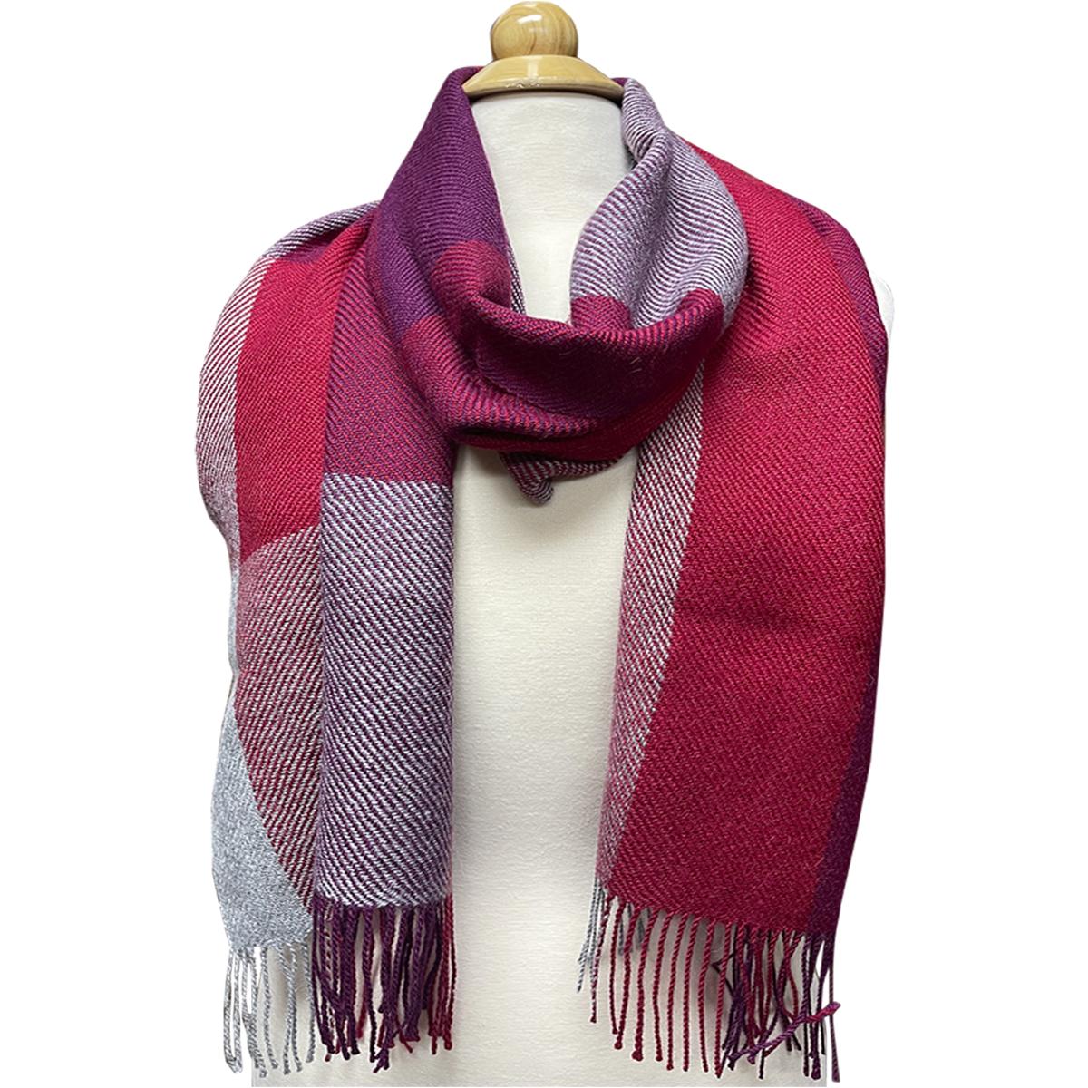 100% Baby Alpaca, Burgundy and Gray Plaid Scarf (JUL218)