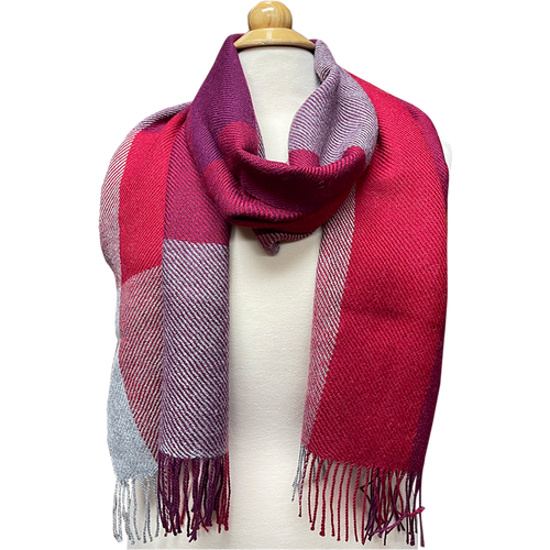 100% Baby Alpaca, Burgundy and Gray Plaid Scarf (JUL218)