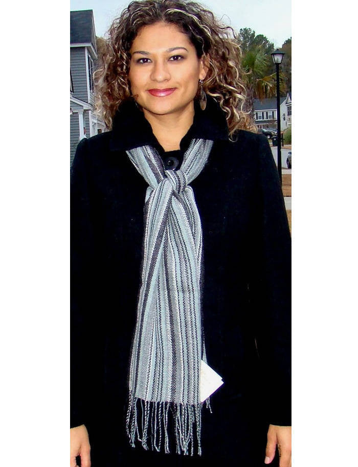 Alpaca Scarf - Baby Alpaca Fleece, Handwoven Scarf Natural Grays (JUL129)