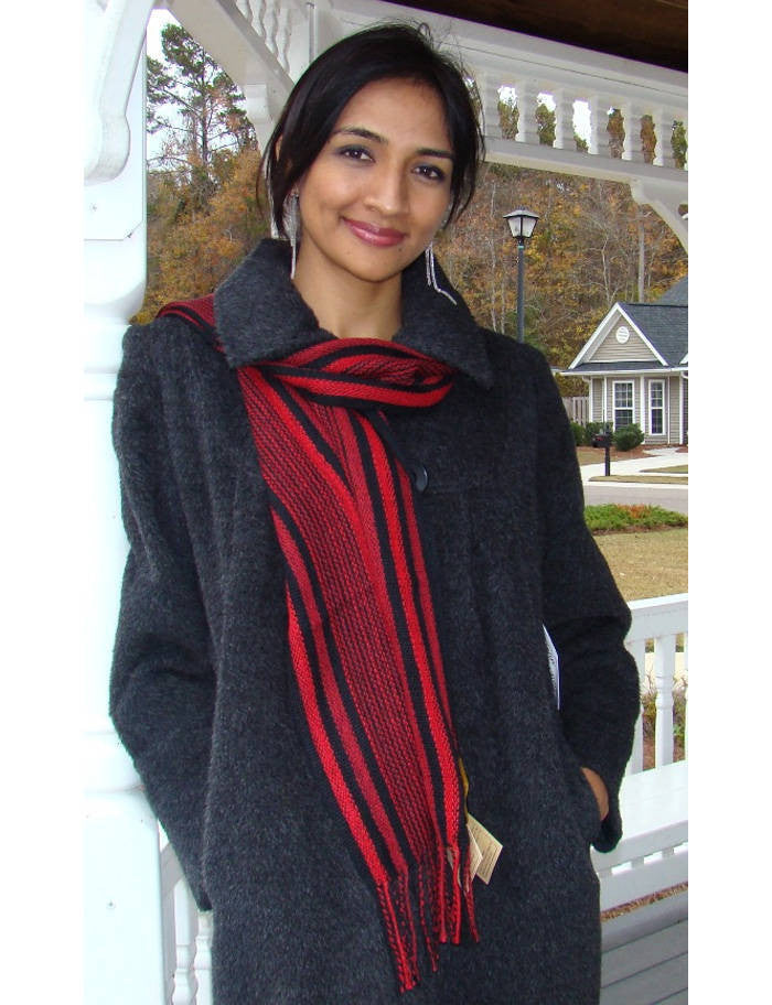 Alpaca Scarf - Baby Alpaca Fleece, Handwoven Scarf Red & Black Stripes (JUL148)