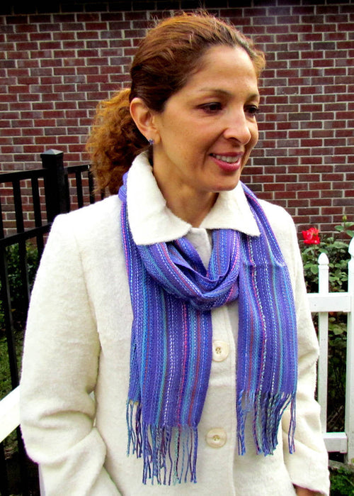 Alpaca Scarf - Baby Alpaca Fleece & Silk Handwoven Scarf Purples Scarf (JUL169)